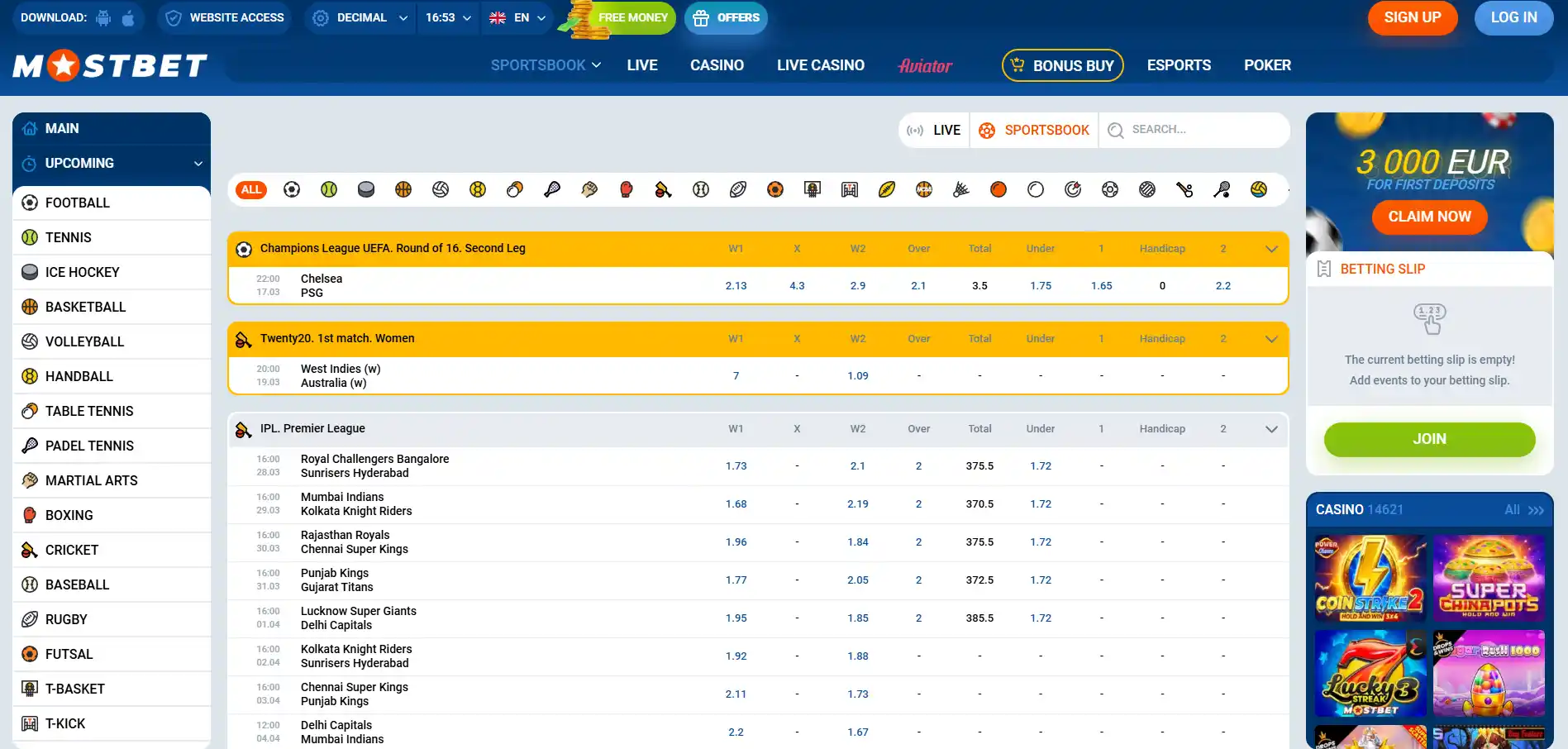 Mostbet casino lobby screenshot